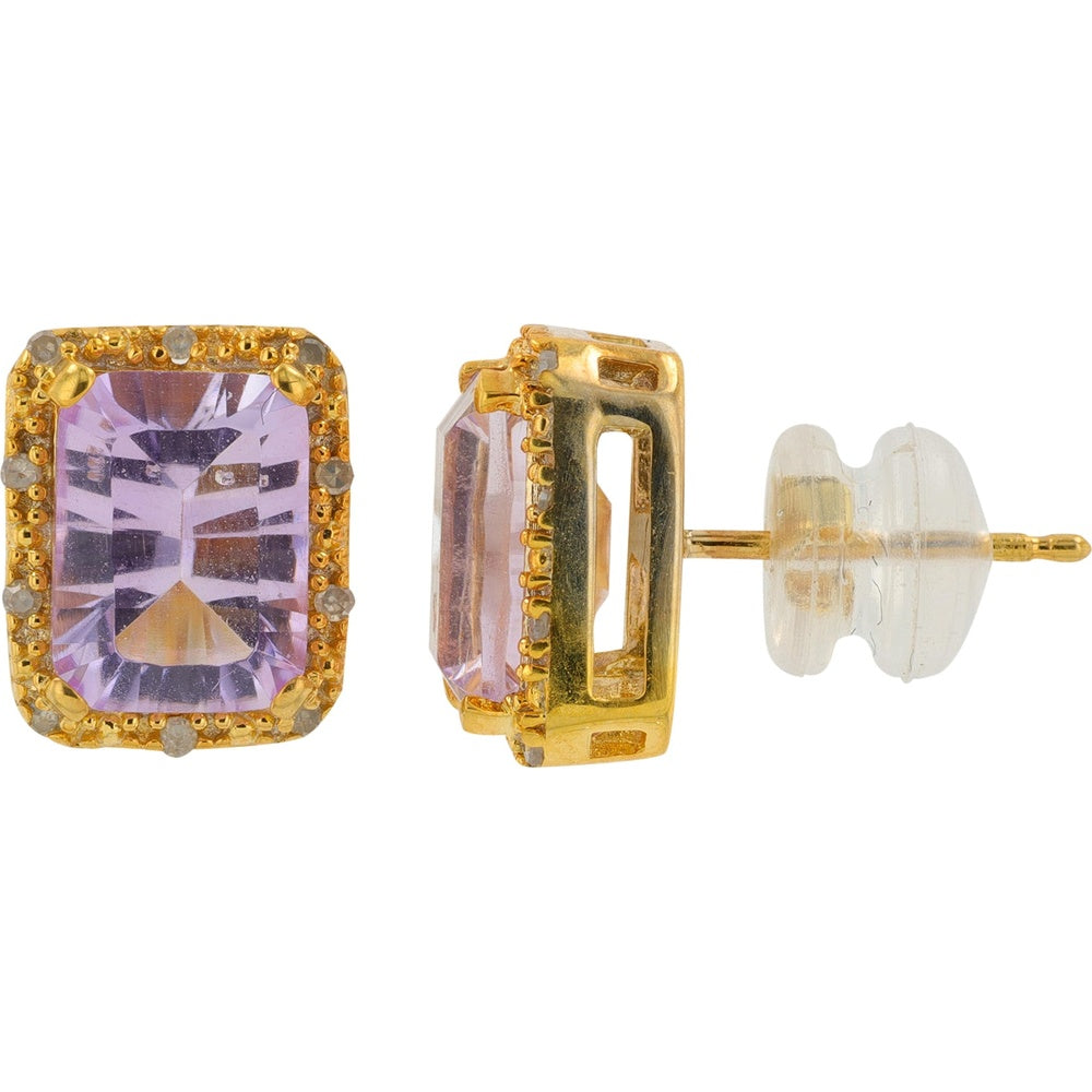 10K Yellow Gold Halo Stud Earrings with Emerald-Cut Amethysts and Milgrain Diamond Border - 0.07 Carat Total Diamond Weight