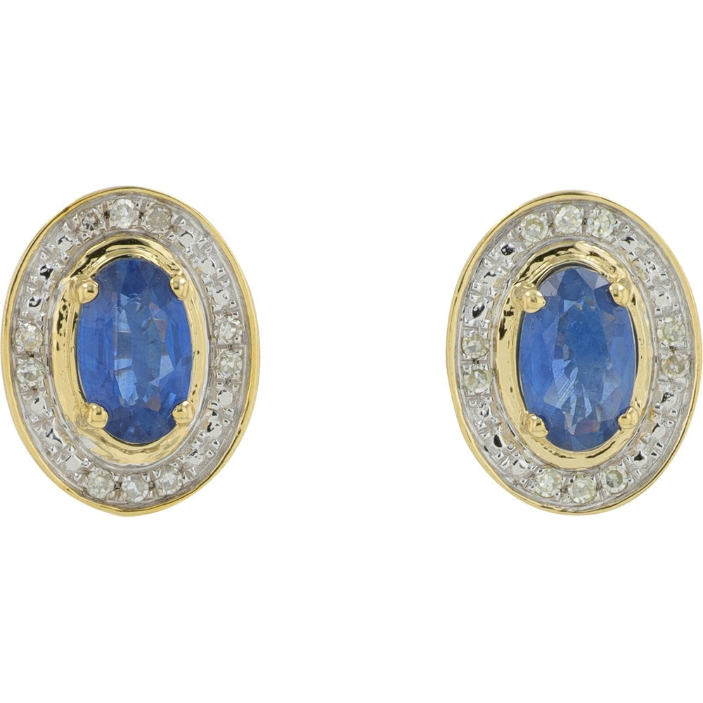 10K Yellow Gold Halo Stud Earrings with Oval Sapphires and Round Diamonds - 0.20 Carat Total Diamond Weight and 0.62 Carat Total Sapphire Weight