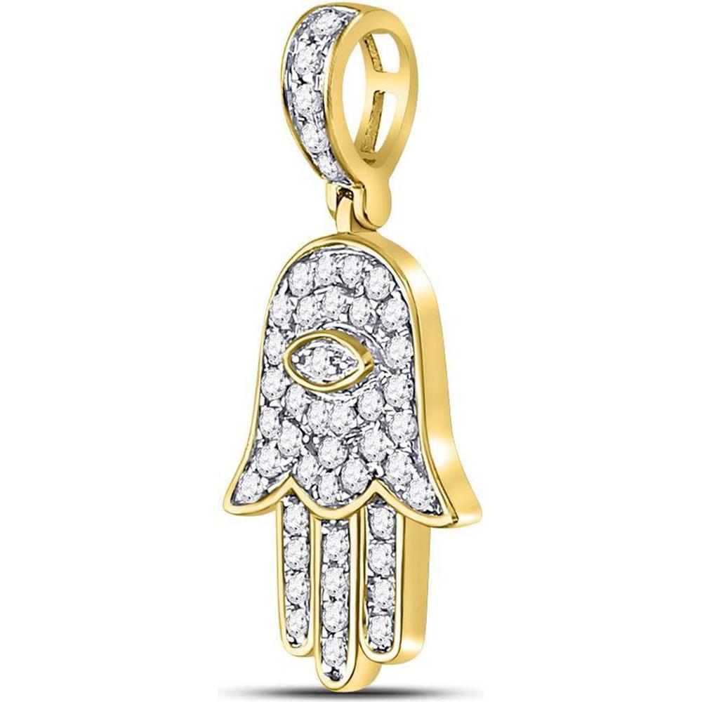 10K Yellow Gold Hamsa Eye of Fatima Pendant with Pave-Set Round Diamonds - 0.25 Carat Total Diamond Weight