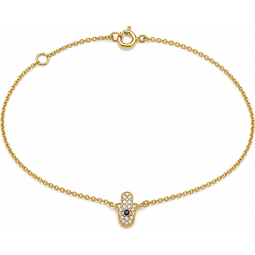 10K Yellow Gold Hamsa Motif Bracelet with Pavé-Set Round Diamond Evil Eye Accent - 0.02 Carat Total Diamond Weight by Auriventus