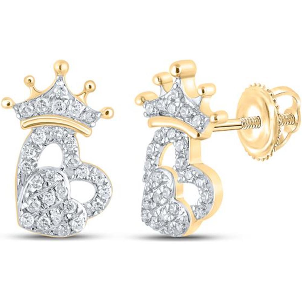 10K Yellow Gold Heart and Crown Diamond Stud Earrings with Pave-Set Round Diamonds - 1/8 Carat Total Diamond Weight
