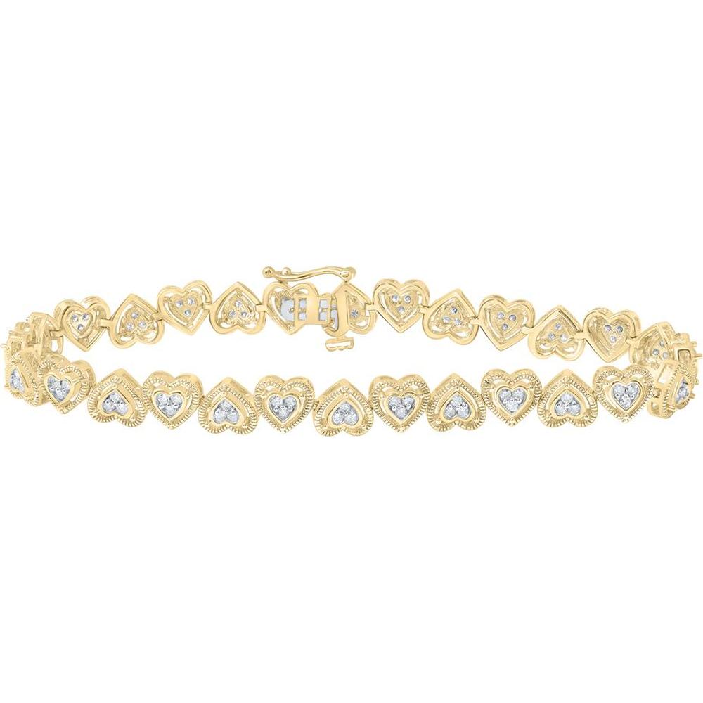 10K Yellow Gold Heart Bracelet with Round Prong-Set Diamonds - 1 Carat Total Diamond Weight