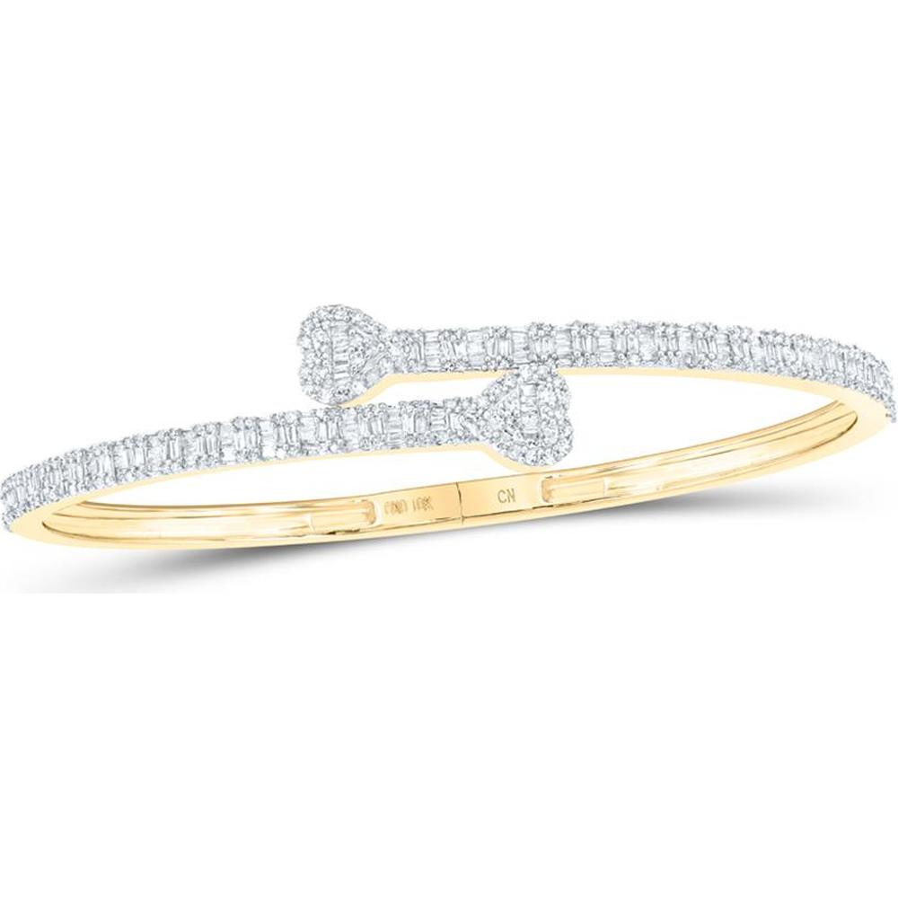 10K Yellow Gold Heart Cuff Bangle Bracelet with Round and Baguette Diamonds - 1.5 Carat Total Diamond Weight