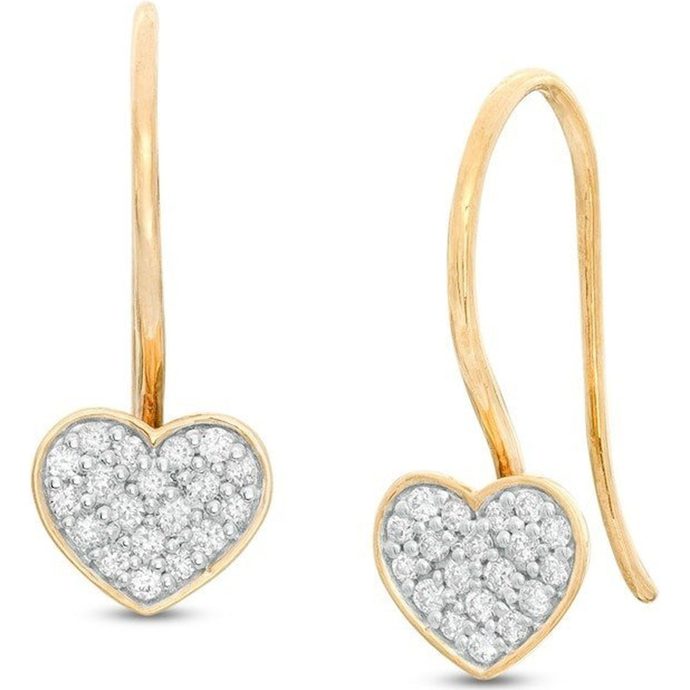 10K Yellow Gold Heart Drop Earrings with Pave Set Round Diamonds - 0.18 Carat Total Diamond Weight by Auriventus