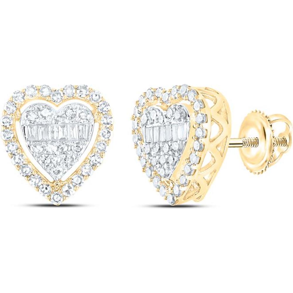 10K Yellow Gold Heart Earrings with Baguette and Round Diamonds - 1/2 Carat Total Diamond Weight