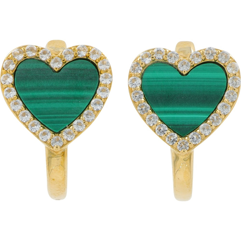 10K Yellow Gold Heart Earrings with Malachite and Created White Sapphire Halo - Total Gemstone Weight
