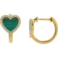 10K Yellow Gold Heart Earrings with Malachite and Created White Sapphire Halo - Total Gemstone Weight
