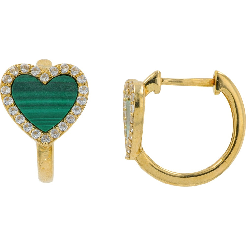 10K Yellow Gold Heart Earrings with Malachite and Created White Sapphire Halo - Total Gemstone Weight