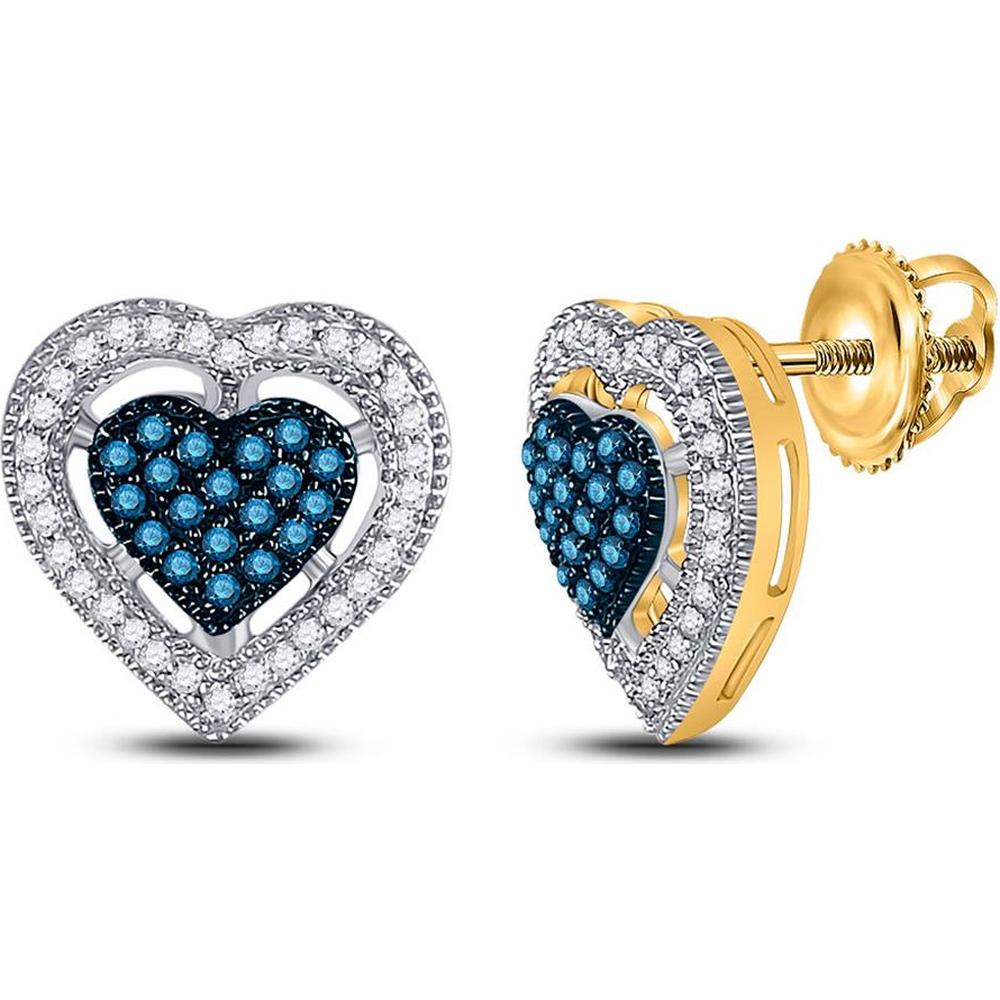 10K Yellow Gold Heart Earrings with Round Blue Diamonds and Pave-Set White Diamonds - 3/8 Carat Total Diamond Weight