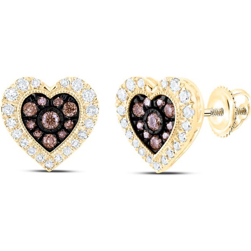 10K Yellow Gold Heart Earrings with Round Brown and White Diamonds - 1/2 Carat Total Diamond Weight