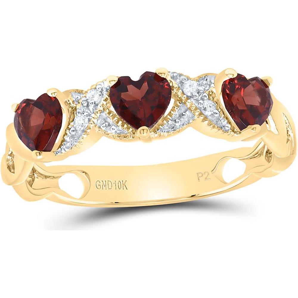 10K Yellow Gold Heart Garnet and Diamond 3-Stone Ring - 7/8 Carat Total Gem Weight