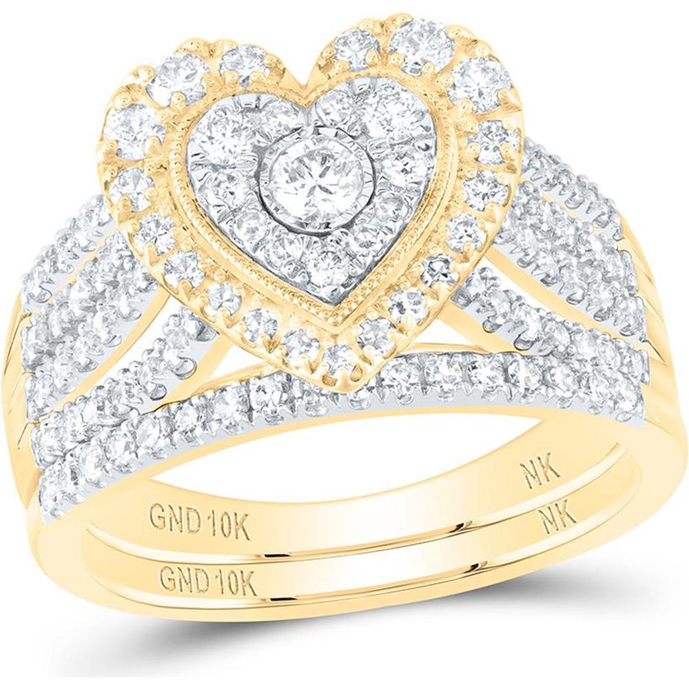 10K Yellow Gold Heart Halo Split Shank Bridal Ring Set with Round Diamonds - 1.00 Carat Total Diamond Weight