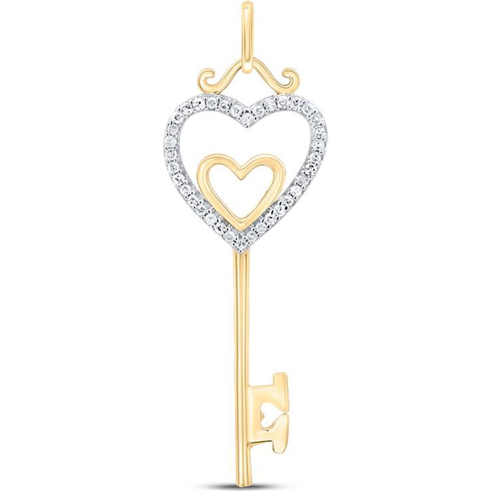 10K Yellow Gold Heart Key Pendant with Pave-Set Round Diamonds - 0.10 Carat Total Diamond Weight