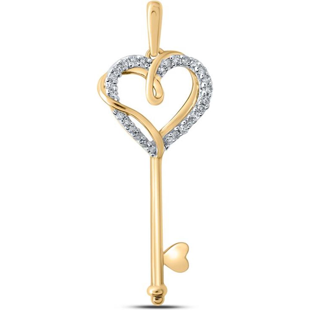 10K Yellow Gold Heart Key Pendant with Prong-Set Round Diamonds - 1/12 Carat Total Diamond Weight