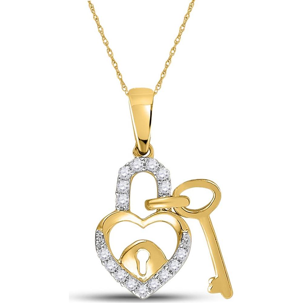 10K Yellow Gold Heart Lock and Key Pendant with Pave-Set Round Diamonds - 0.10 Carat Total Diamond Weight
