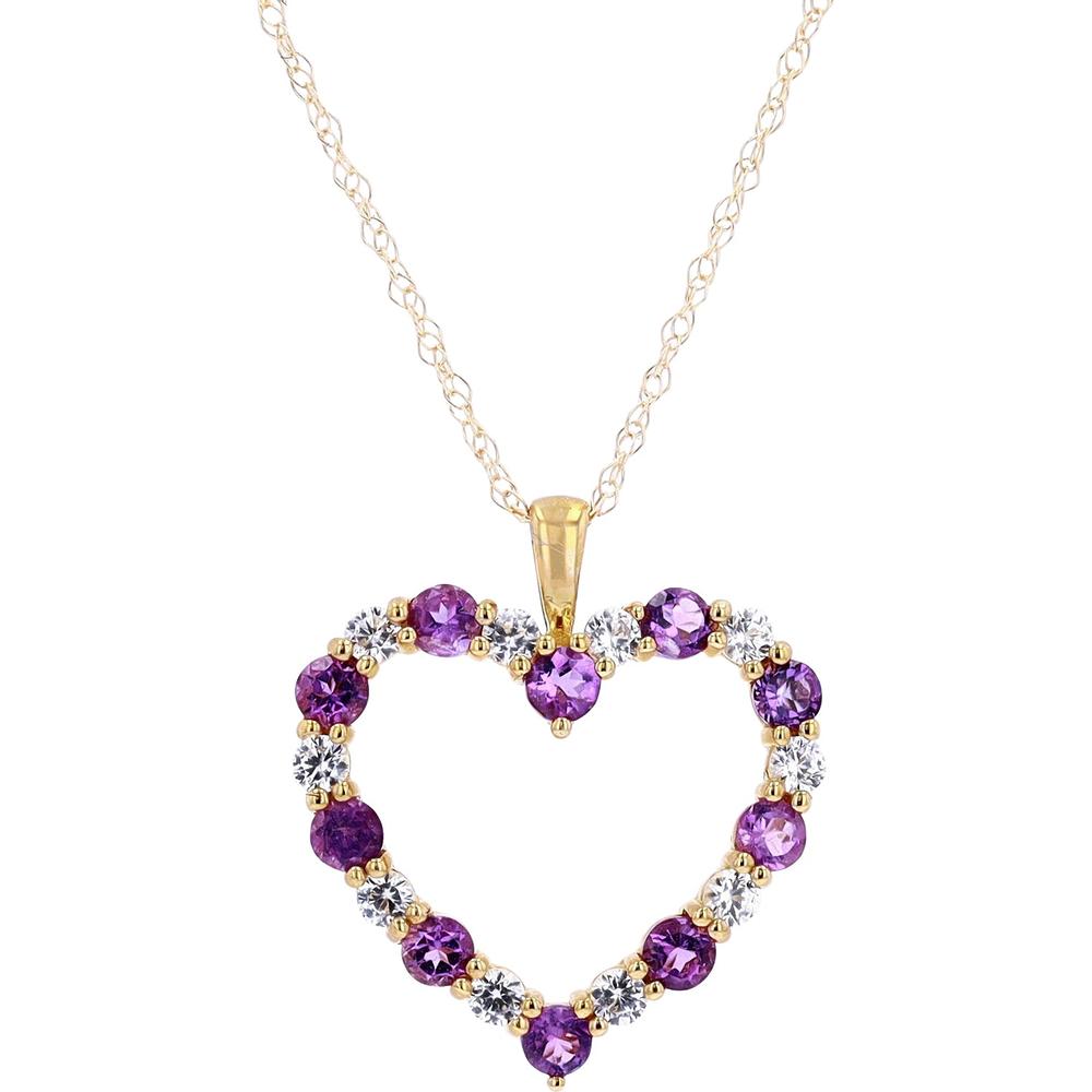10K Yellow Gold Heart Necklace with Prong Set Round Amethysts and Created White Sapphires - 0.75 Carat Total Gem Weight