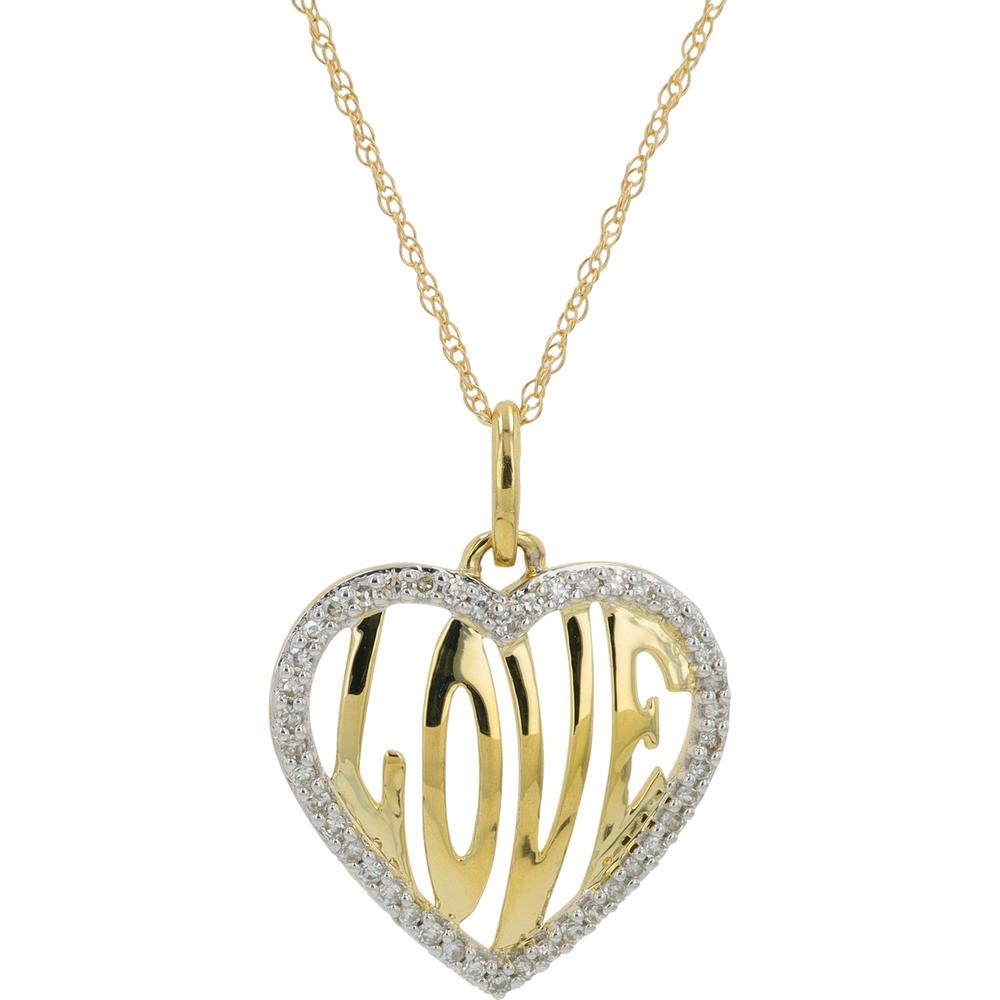 10K Yellow Gold Heart Pendant with Pave-Set Diamonds and "Love" Motif - 0.15 Carats Total Diamond Weight