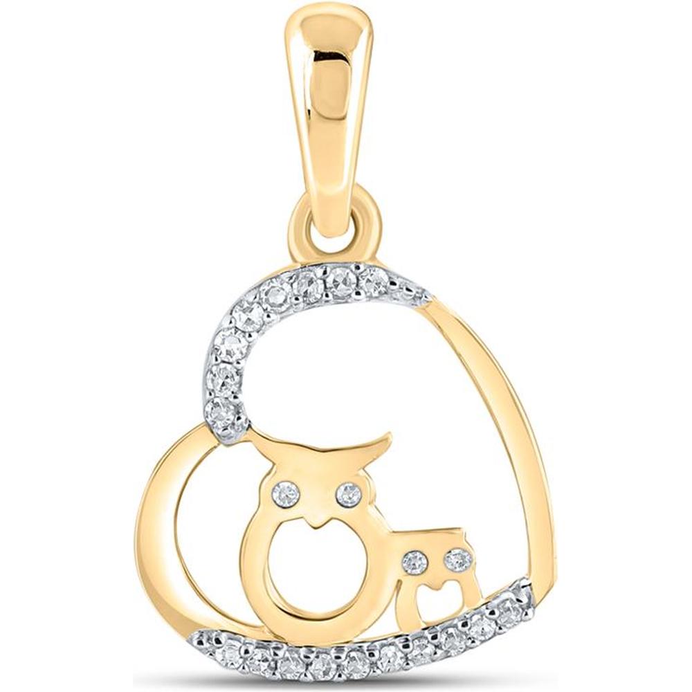 10K Yellow Gold Heart Pendant with Round Bezel and Prong Set Diamonds Featuring Owl Motif - 1/12 Carat Total Diamond Weight