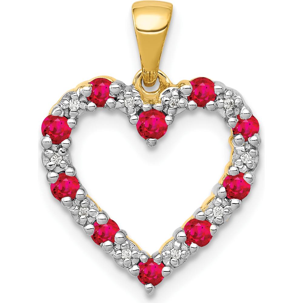 10K Yellow Gold Heart Pendant with Round Rubies and Diamonds - 0.5 Carat Total Ruby Weight, 0.03 Carat Total Diamond Weight by Lumare Gioia