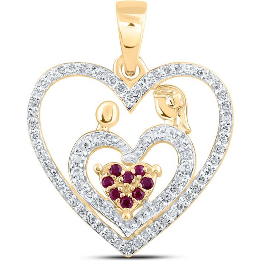 10K Yellow Gold Heart Pendant with Round Ruby and Diamond Accent - 1/5 Carat Total Gem Weight