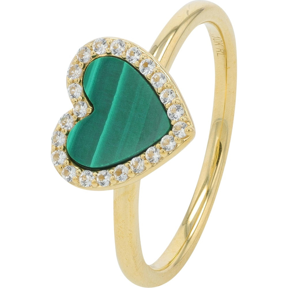 10K Yellow Gold Heart Ring with Malachite and Created White Sapphire Halo