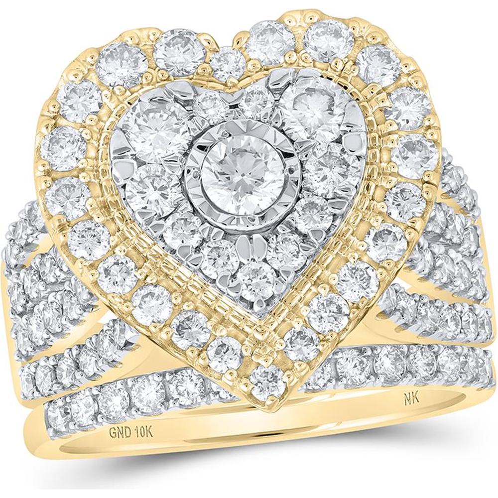 10K Yellow Gold Heart-Shaped Bridal Wedding Ring Set with Round Diamonds - 2 Carat Total Diamond Weight