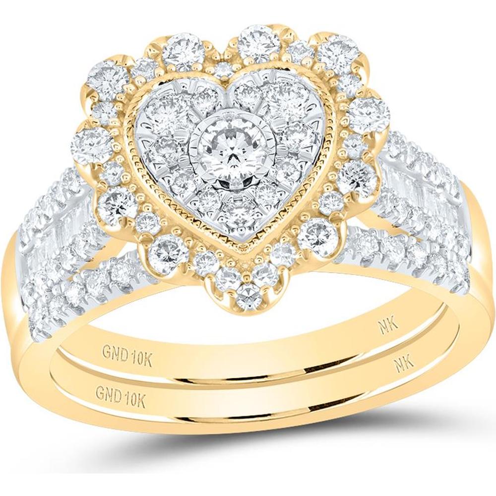 10K Yellow Gold Heart-Shaped Diamond Bridal Wedding Ring Set - 7/8 Carat Total Diamond Weight