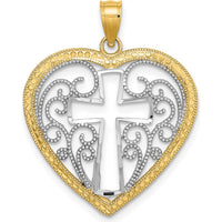 10K Yellow Gold Heart-Shaped Pendant with Filigree Cross Charm and Rhodium Accents