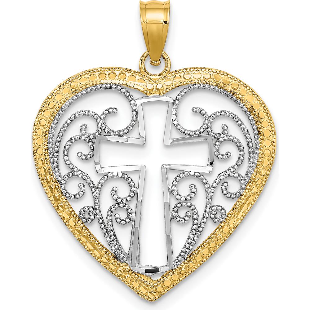 10K Yellow Gold Heart-Shaped Pendant with Filigree Cross Charm and Rhodium Accents