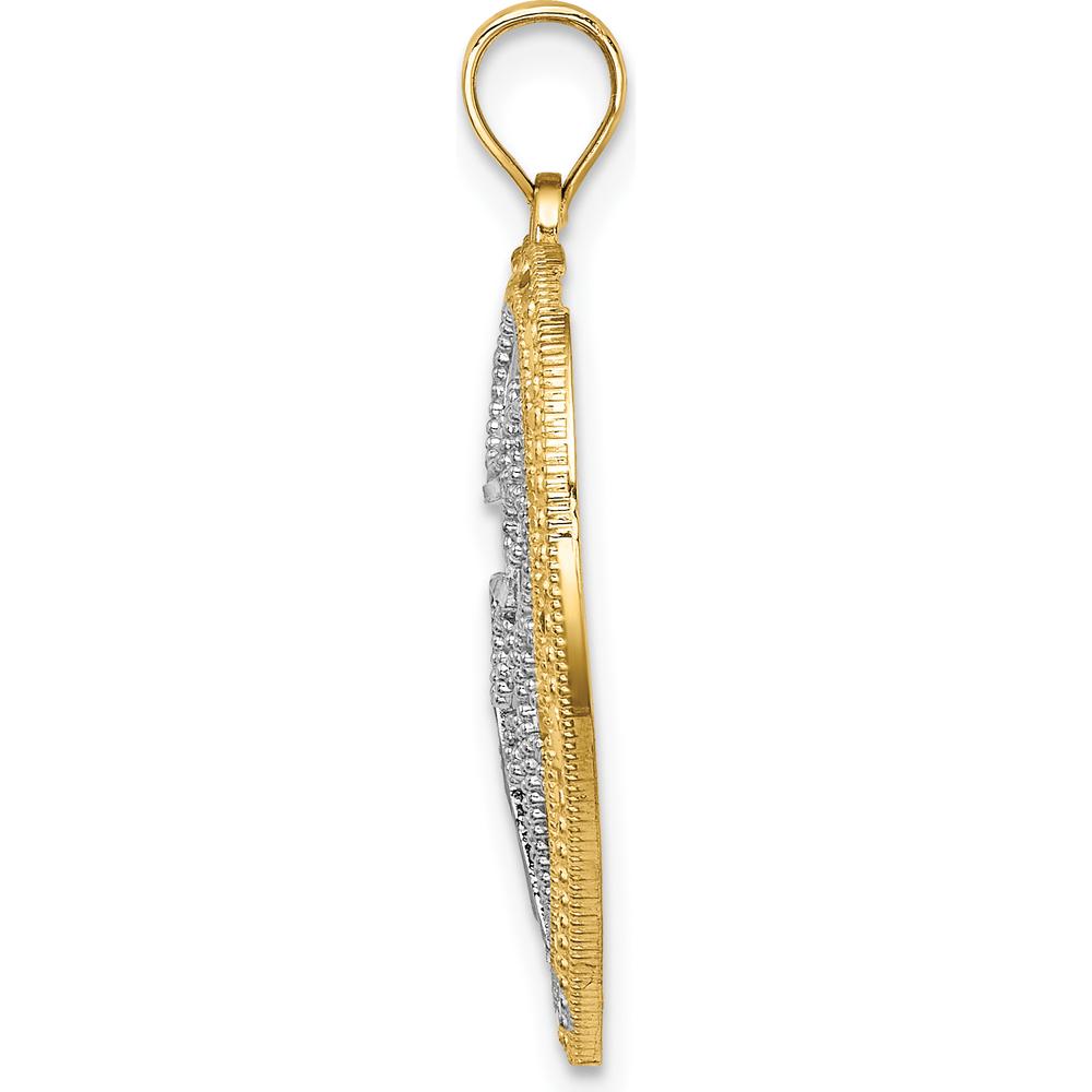 10K Yellow Gold Heart-Shaped Pendant with Filigree Cross Charm and Rhodium Accents