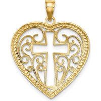 10K Yellow Gold Heart-Shaped Pendant with Filigree Cross Charm and Rhodium Accents