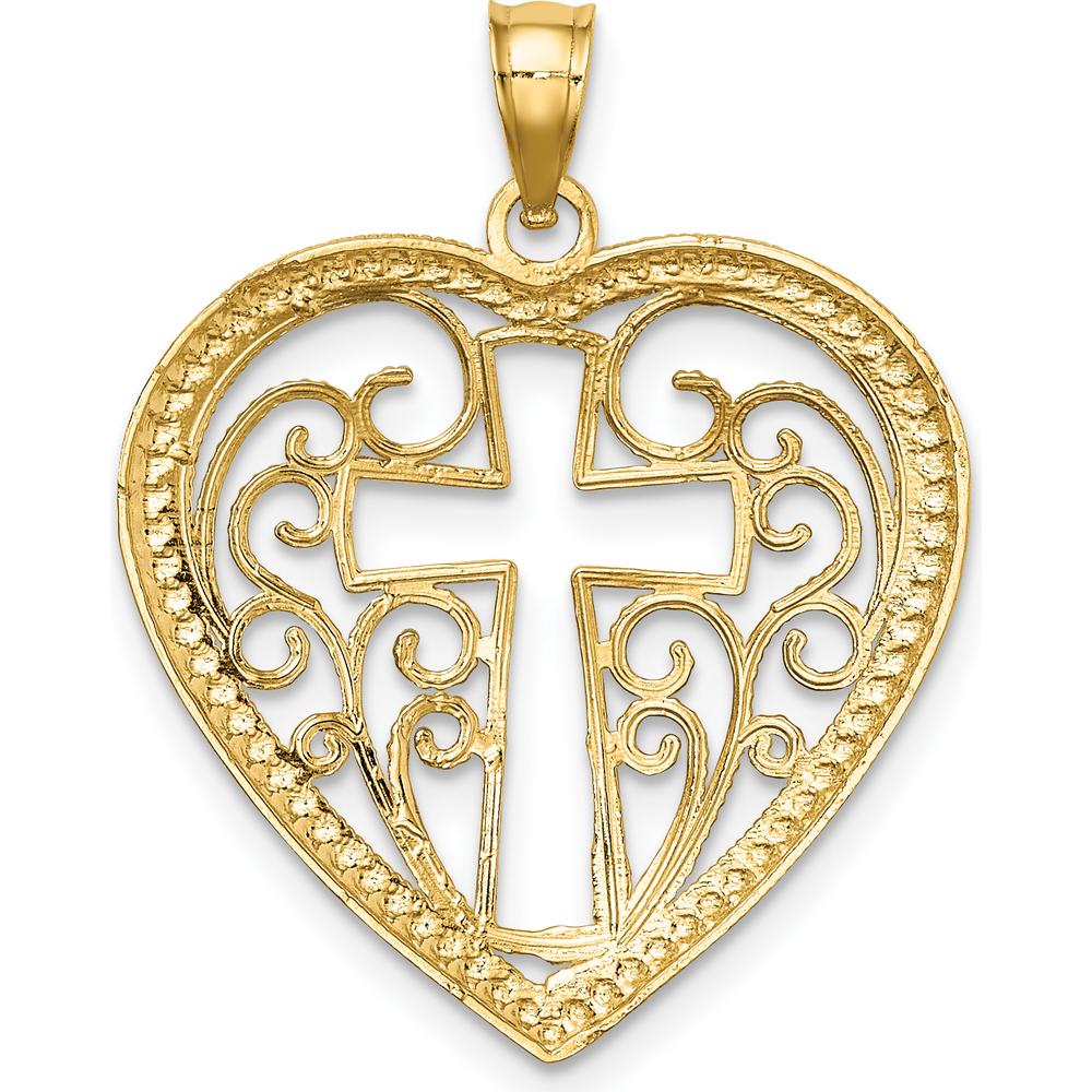 10K Yellow Gold Heart-Shaped Pendant with Filigree Cross Charm and Rhodium Accents