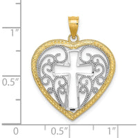 10K Yellow Gold Heart-Shaped Pendant with Filigree Cross Charm and Rhodium Accents