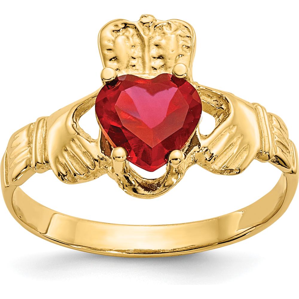 10K Yellow Gold Heart-Shaped Ruby Claddagh Ring - July Birthstone