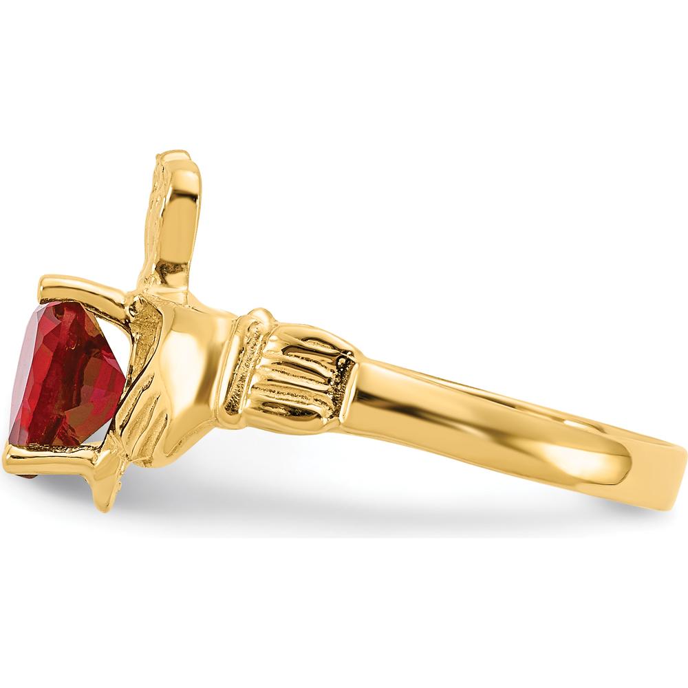 10K Yellow Gold Heart-Shaped Ruby Claddagh Ring - July Birthstone