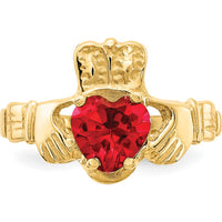 10K Yellow Gold Heart-Shaped Ruby Claddagh Ring - July Birthstone