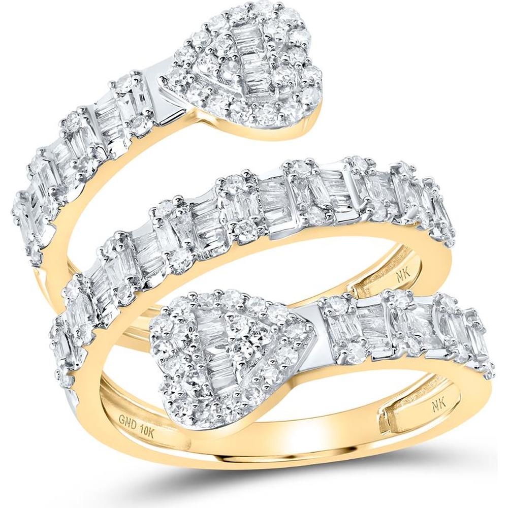 10K Yellow Gold Heart Spiral Cuff Ring with Round and Baguette Diamonds - 1.13 Carat Total Diamond Weight