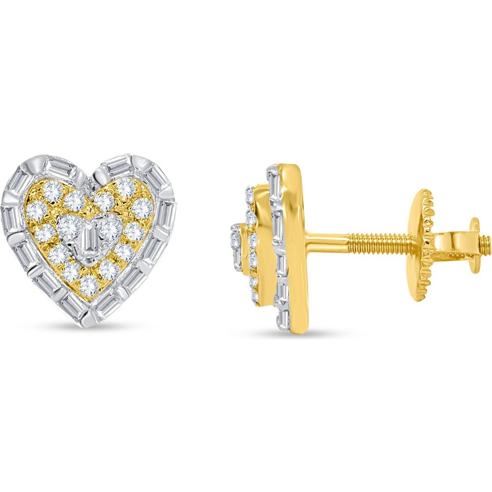 10K Yellow Gold Heart Stud Earrings with Baguette and Round Diamonds - 0.17 Carat Total Diamond Weight by Auriventus