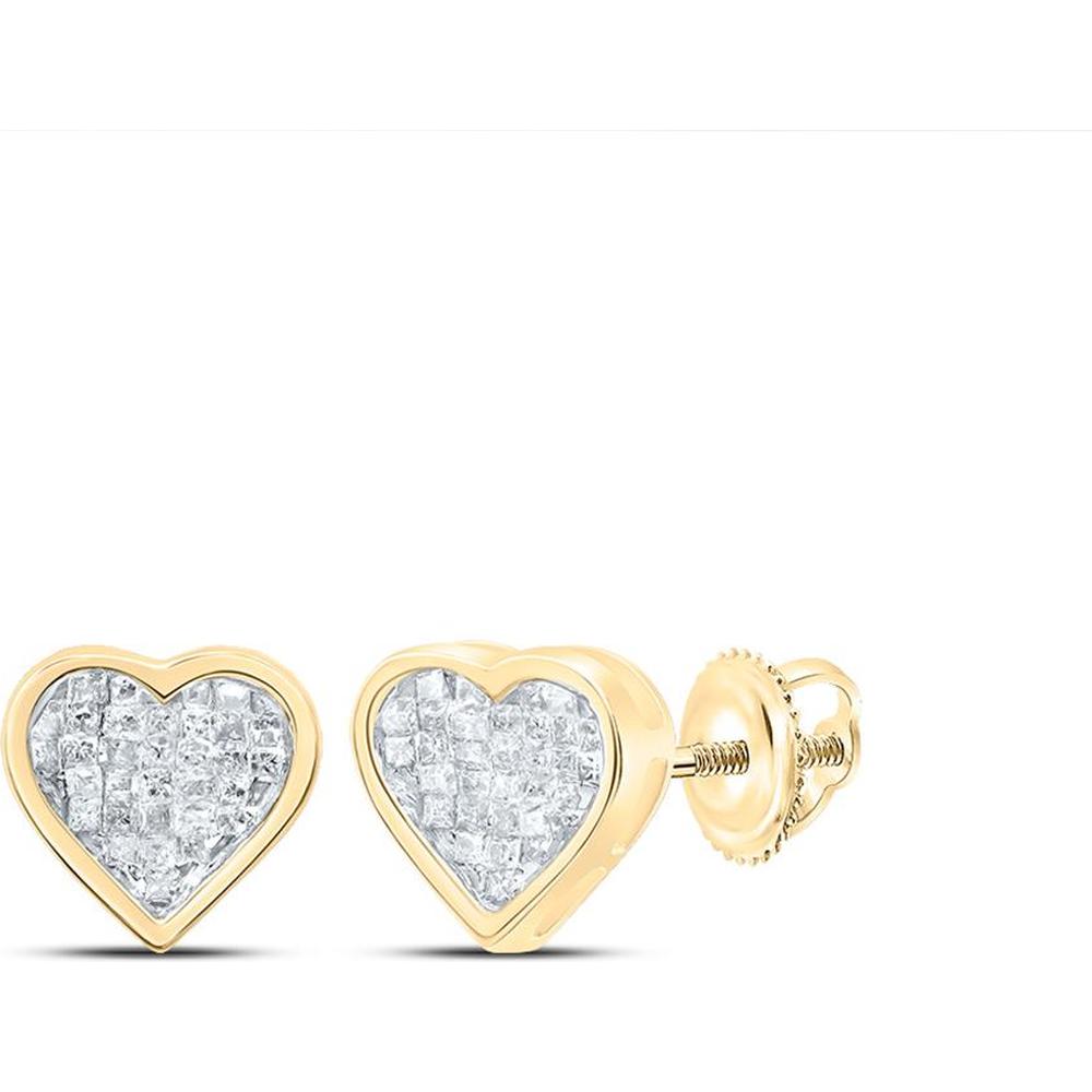 10K Yellow Gold Heart Stud Earrings with Invisible-Set Princess-Cut Diamonds - 0.33 Carat Total Diamond Weight