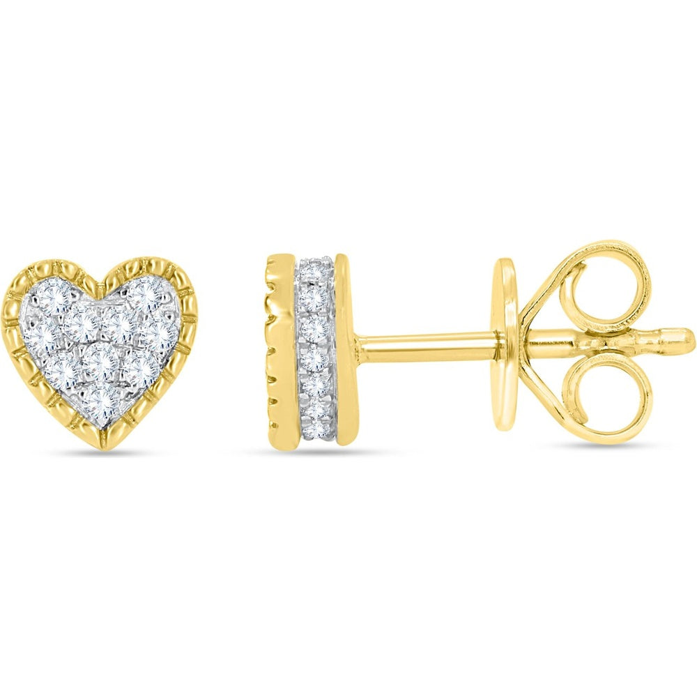 10K Yellow Gold Heart Stud Earrings with Milgrain Edge and Round Diamond Cluster - 0.29 Carat Total Diamond Weight by Auriventus