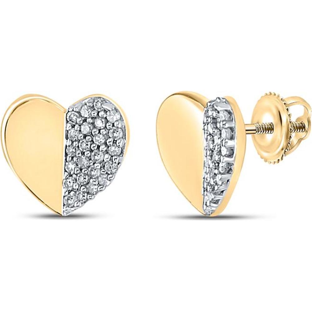 10K Yellow Gold Heart Stud Earrings with Prong-Set Round Diamonds - 1/8 Carat Total Diamond Weight