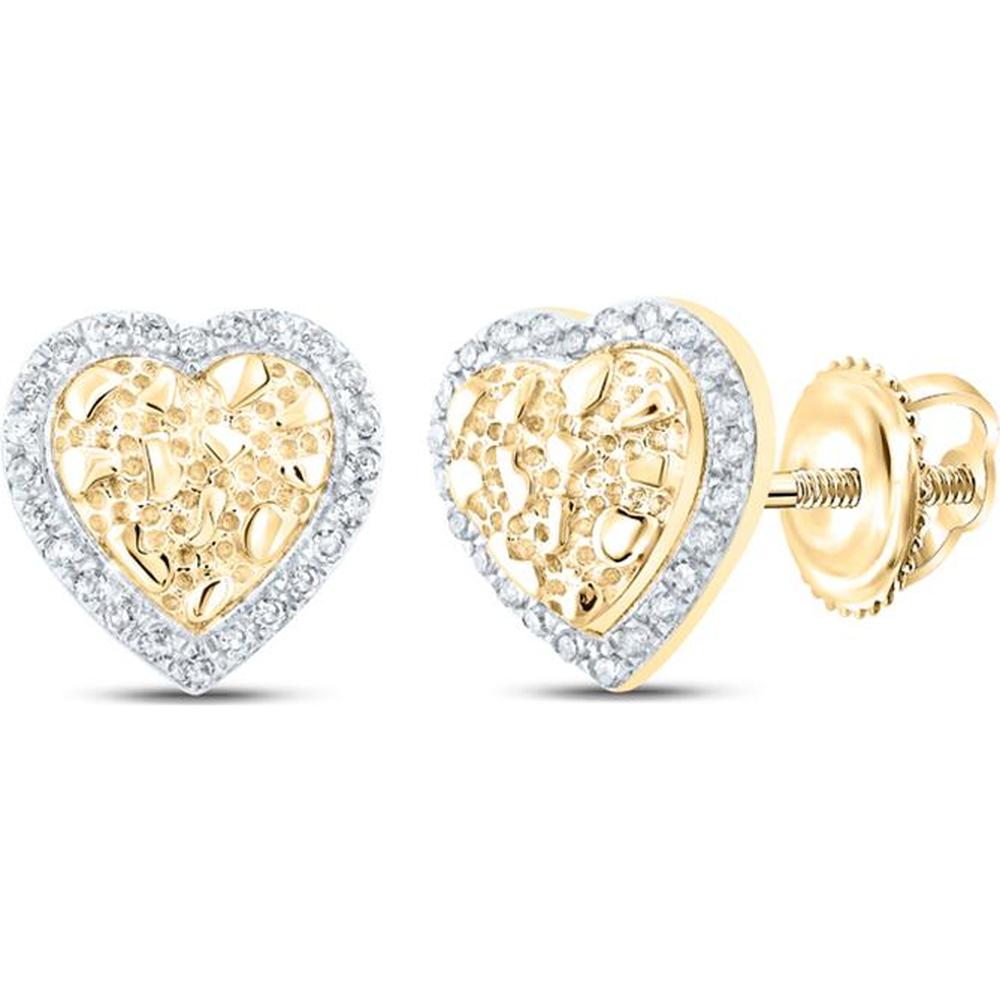 10K Yellow Gold Heart Stud Earrings with Prong-Set Round Diamonds and Nugget Texture - 0.10 Carat Total Diamond Weight