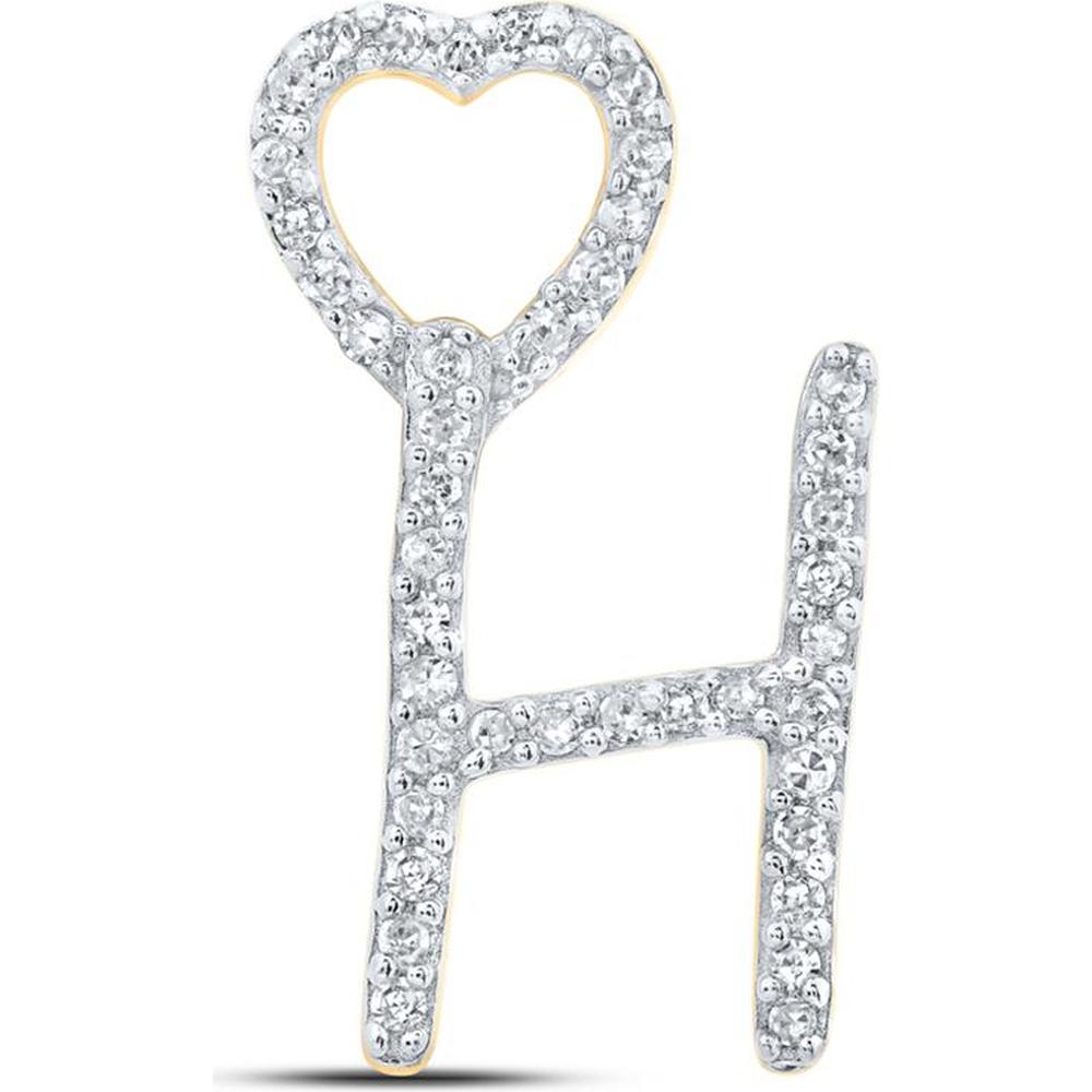 10K Yellow Gold Heart-Topped H Initial Pendant with Prong-Set Round Diamonds - 1/8 Carat Total Weight