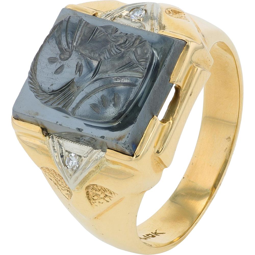 10K Yellow Gold Hematite Cameo Gents Ring with 0.02 Carat Diamonds