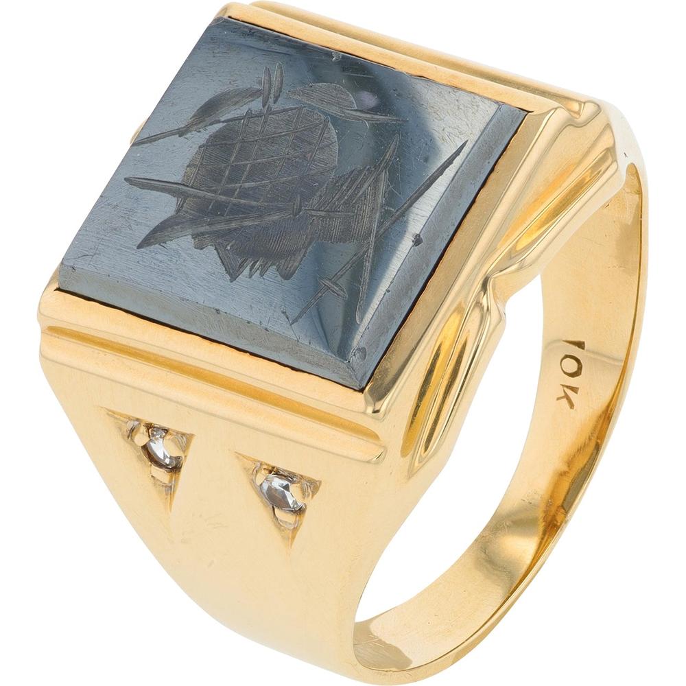 10K Yellow Gold Hematite Cameo Gents Ring with Diamond Accents - 0.05 Carat Total Diamond Weight