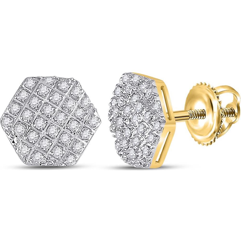 10K Yellow Gold Hexagon Stud Earrings with Pave-Set Round Diamonds - 1/6 Carat Total Diamond Weight