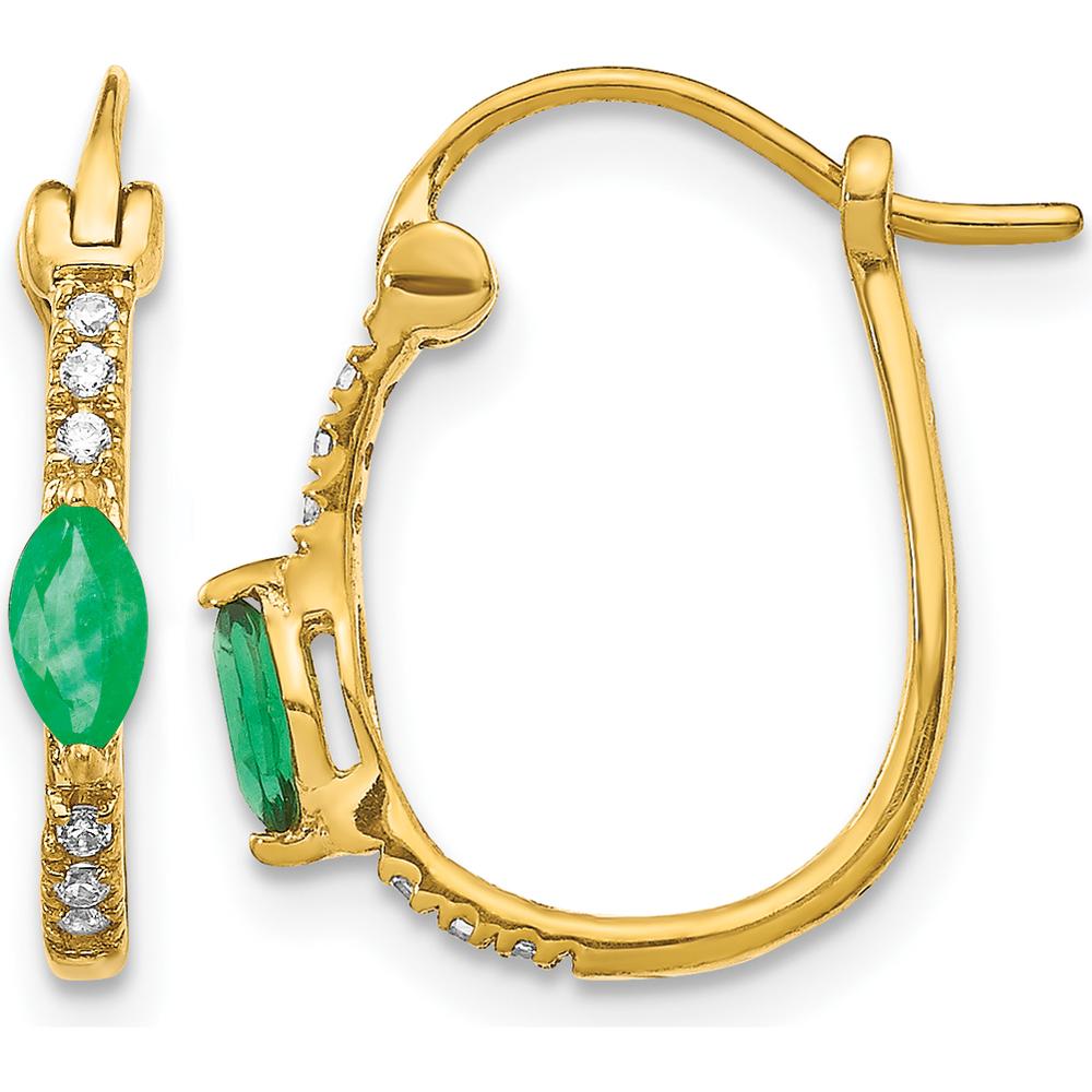 10K Yellow Gold Hinged Hoop Earrings with 0.11 Carat Marquise Emerald and 0.06 Carat Round Diamonds by Monteluci Fine Jewelry