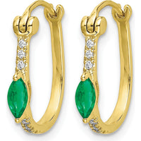 10K Yellow Gold Hinged Hoop Earrings with 0.11 Carat Marquise Emerald and 0.06 Carat Round Diamonds by Monteluci Fine Jewelry