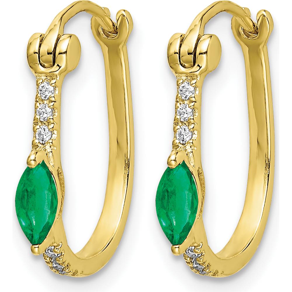 10K Yellow Gold Hinged Hoop Earrings with 0.11 Carat Marquise Emerald and 0.06 Carat Round Diamonds by Monteluci Fine Jewelry