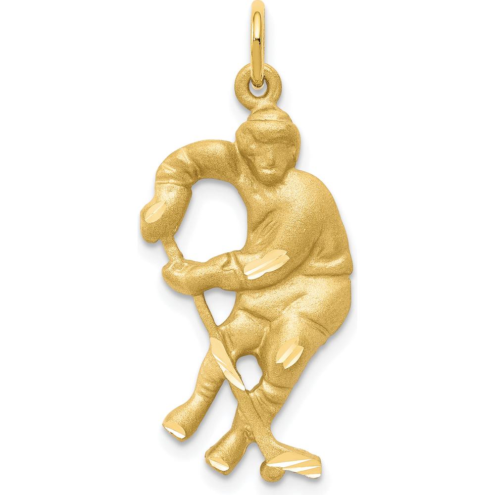 10K Yellow Gold Hockey Player Charm Pendant - Polished Finish 30mm Length